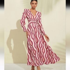 Ador Satin V Neck Maxi Dress Long Sleeve Salmon Plus Size 2XL New With Tag